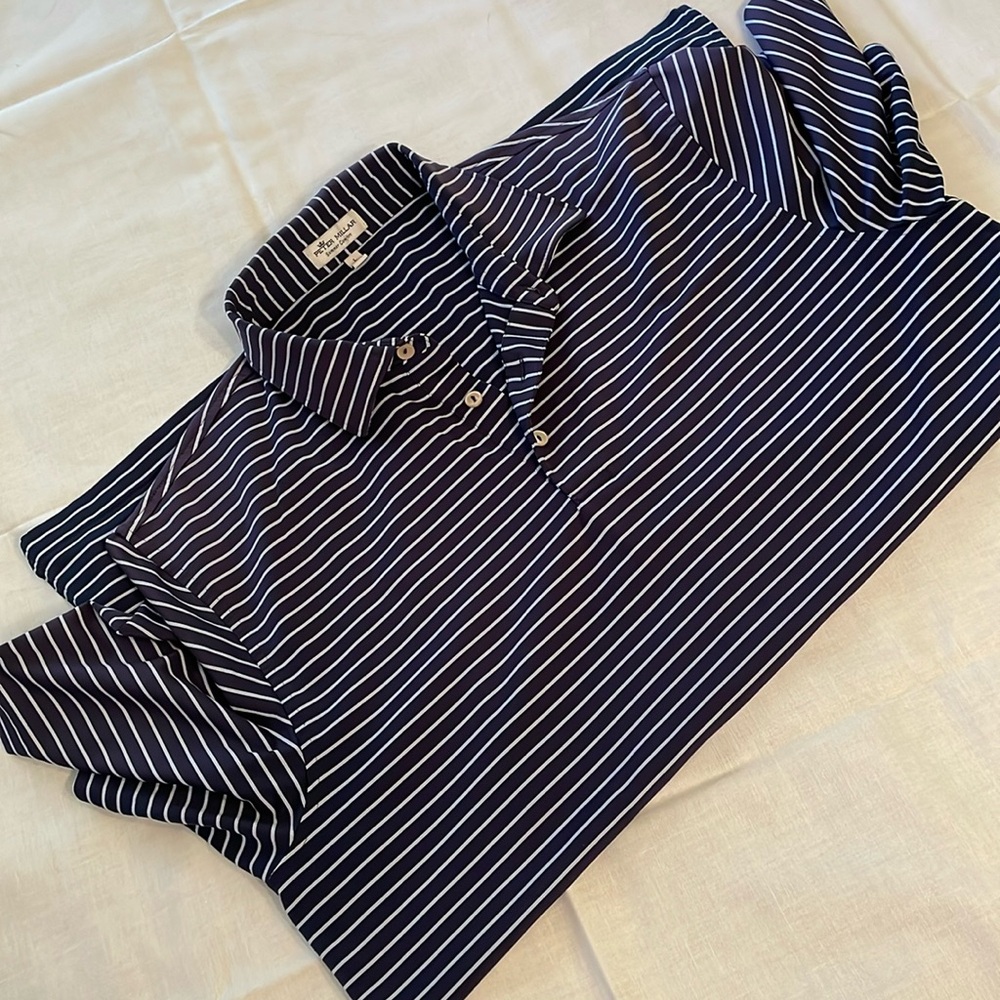 Peter Millar Summer Comfort Men’s L Short Sleeve Stretch Blue Pinstriped Shirt